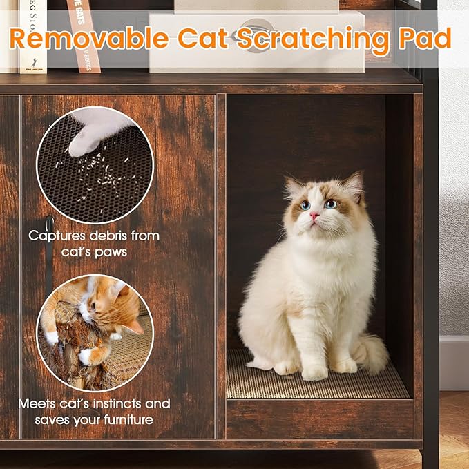 PETSITE Cat Litter Box Enclosure with Storage Shelves, 52 Inches Tall Hidden Litter Box with Charging Station, Scratching Board, and Winding Entry (Rustic Brown)