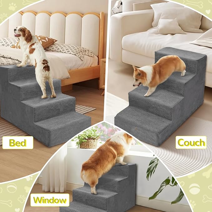 Niubya Dog Stairs for Small Dogs and Cats,18'H Non-Slip Bottom Pet Steps for High Beds and Couch,Extra Wide High-Density Foam Pet Stairs Grey,4 Steps