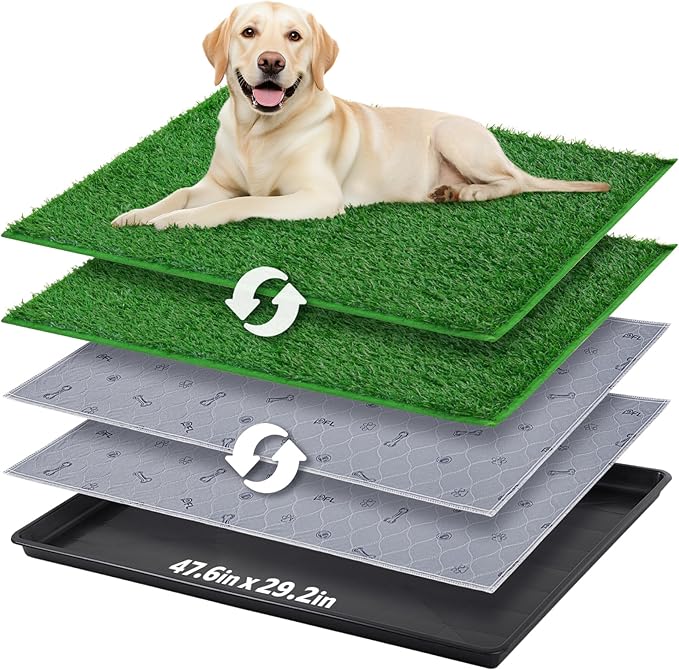 Dog Grass Pad with Tray Extra Large 47.6‘’x29.2'',Portable Dog Litter Box with 2 Pcs Replacement Hemming Artificial Grass & Washable Reusable Pee Pads, Indoor Outdoor Fake Grass Pad for Dogs Potty
