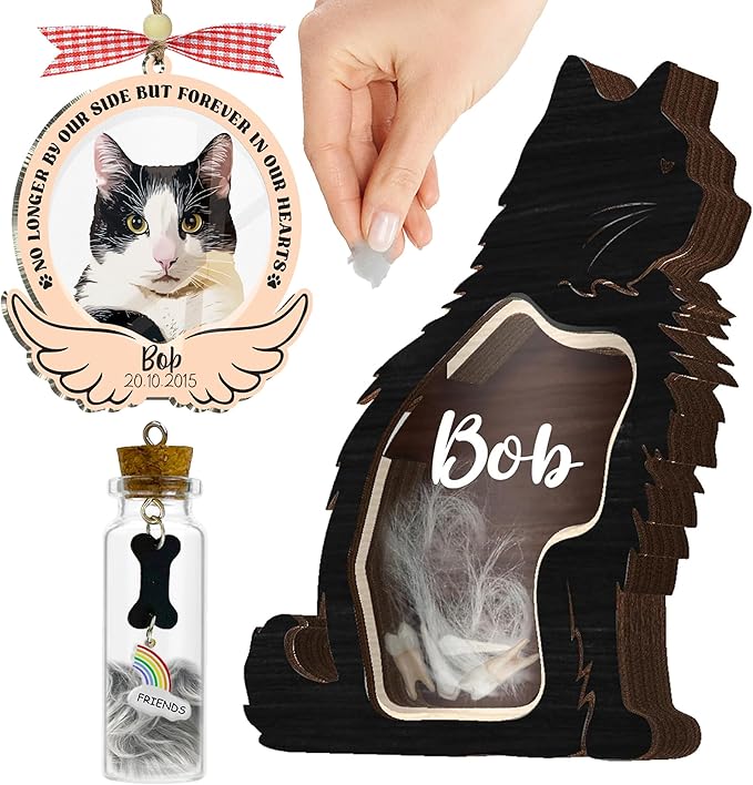 Personalized Cat Photo Wooden Frame, Custom Pet Fur Keepsake Memory Box, Pet Loss Picture Frame Ornament, Sympathy Gift Cat Shape Storing Hair Ashes Teeth, Idea Gift for Pet Lover Table Wall Decor