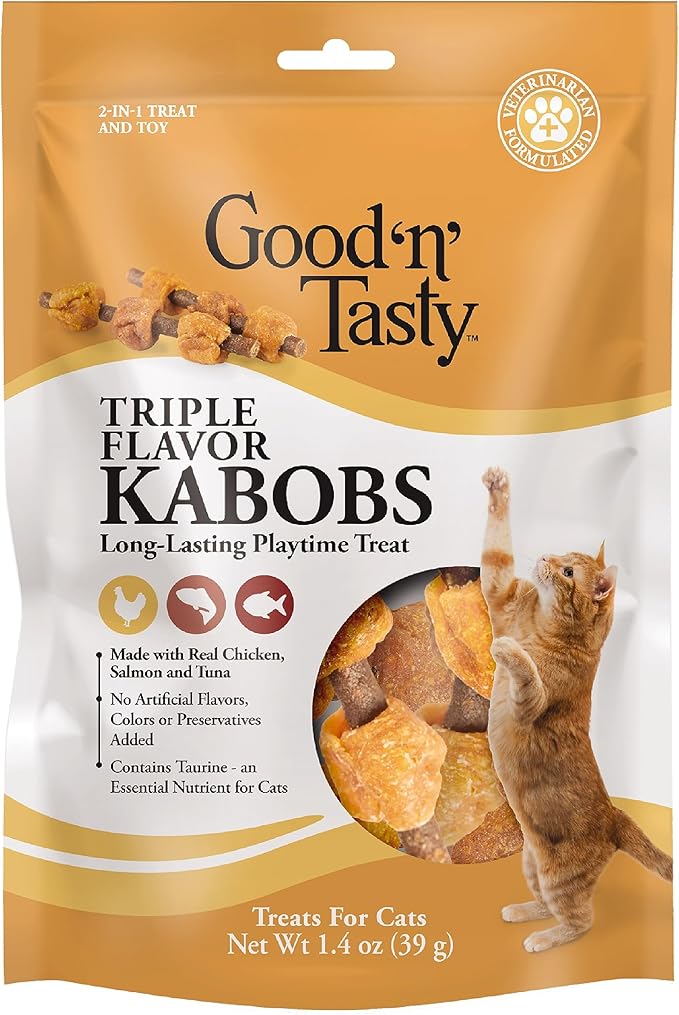 Good ‘n’ Tasty Triple Flavor Kabobs Cat Treat, 1.4 Ounce Bag, Long-Lasting Playtime Treat for Cats Made with Real Chicken, Salmon & Tuna