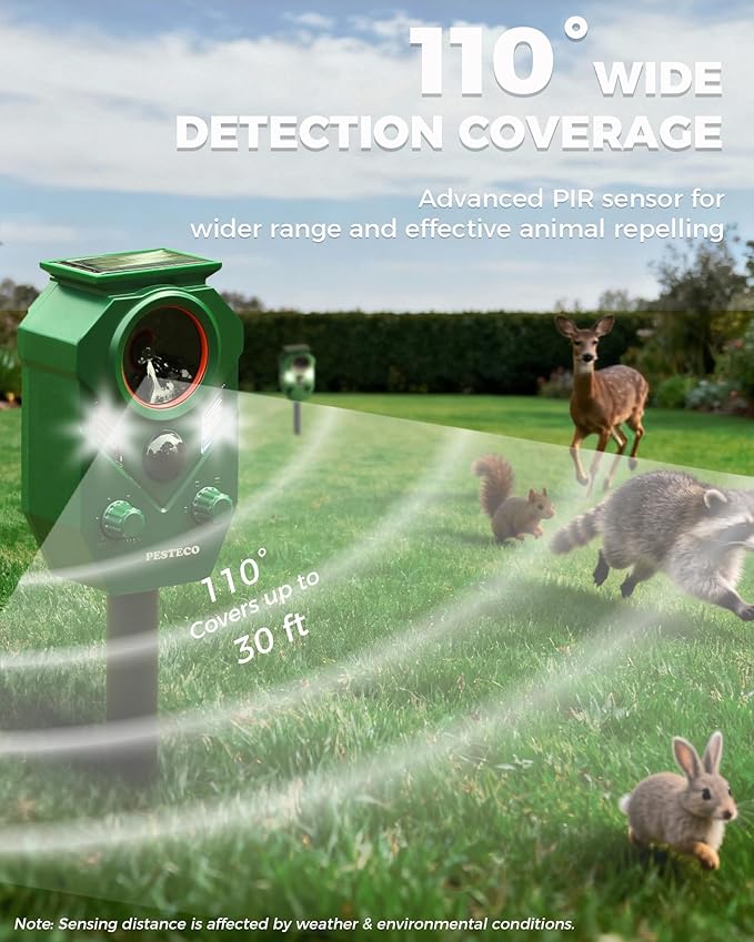 Solar Animal Repellent Outdoor, Ultrasonic Cat Repellent Outdoor, IP65 Waterproof Deer Repellent Deterrent Squirrel Racoon Skunk Rabbit, Dog Repellent for Yard Garden Lawn with PIR Sensor