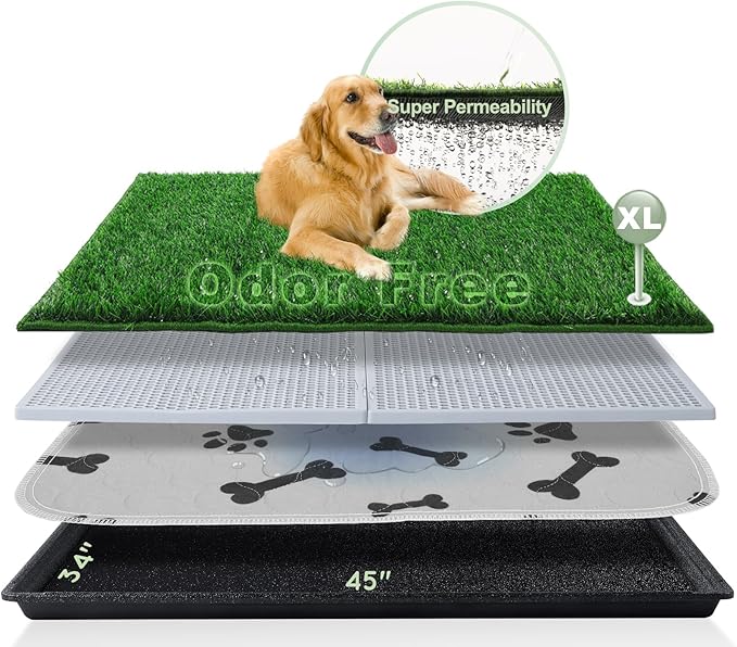 Dog Grass Pad with Tray Extra Large 45”×34” Ultra-Absorbent Artificial Grass Pad for Dogs Potty Grass Hemmed Edge for Indoor Potty Training, Reusable Dogs Pee Pads, Dog Litter Box Balcony