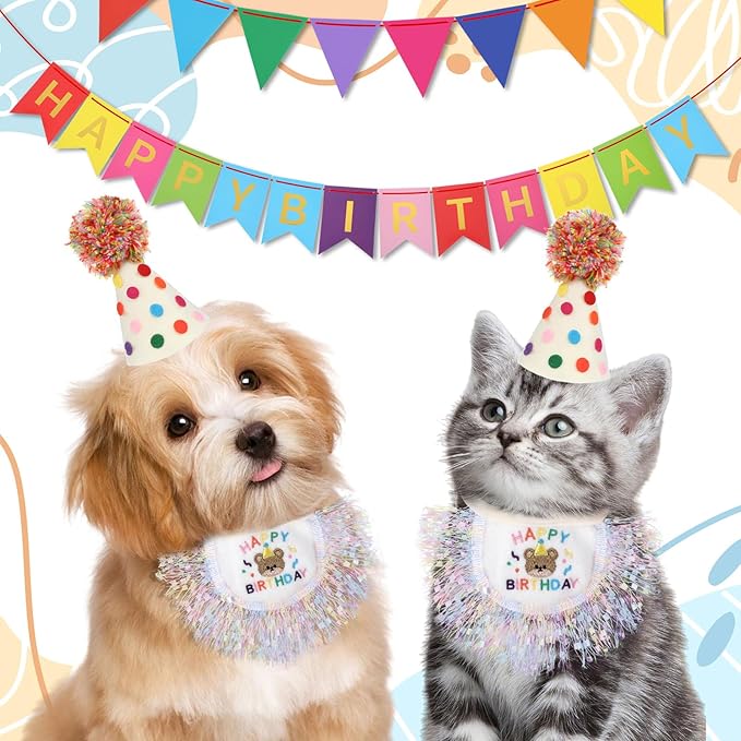 Cat Birthday Hat and Bandana Scarf, Cat Birthday Outfit Party Hat Dog Costumes Cute Lace Puppy Bib Scarf Party Decorations Set for Small Medium Cats & Doggy