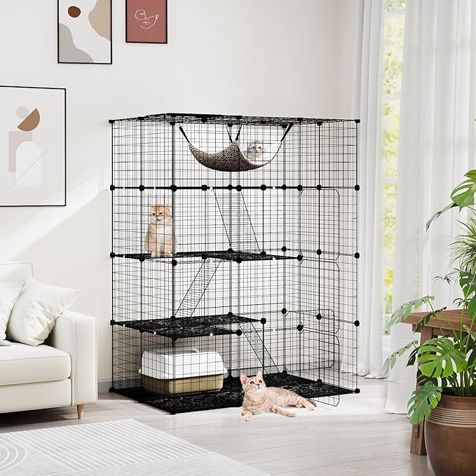 PETSITE 4-Tier Cat Cages Indoor, Metal Wire Cat Enclosure with Extra Large Hammock, 3 Ladders, and 4 Lockable Doors, Detachable Indoor Cat Catio Kennel for 1-4 Cats Kitten, Anti-toppling Kits Included