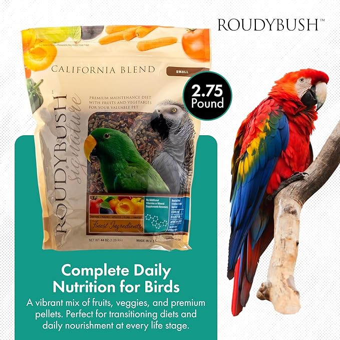 RoudyBush California Blend Pellets for Birds - Scientifically Formulated Bird Feed - Bird Food Pellets w/Dried Fruits, Vegetables & More - Nutritious & Healthy Feed for Birds (Small, 44oz)