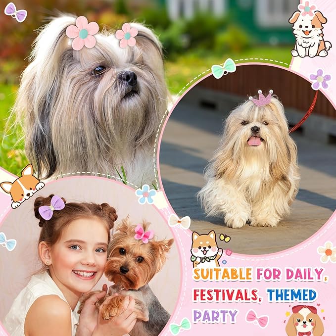70 Pcs Dog Hair Bows Bulk Cute Flower Butterfly Crown Pearl Puppy Hair Clips Pastel Macaron Pet Accessories for Dog Cat Holiday Party Birthday Grooming