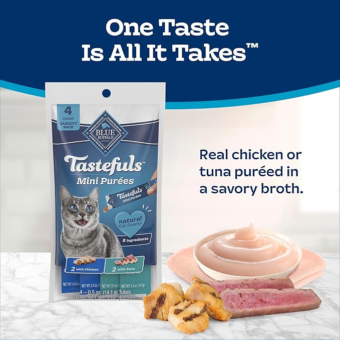 Blue Buffalo Tastefuls Mini Purées, Adult Cat Natural Single-Serving Snack, 4-Count Variety Pack Chicken and Tuna, 0.5 oz. (Pack of 1)