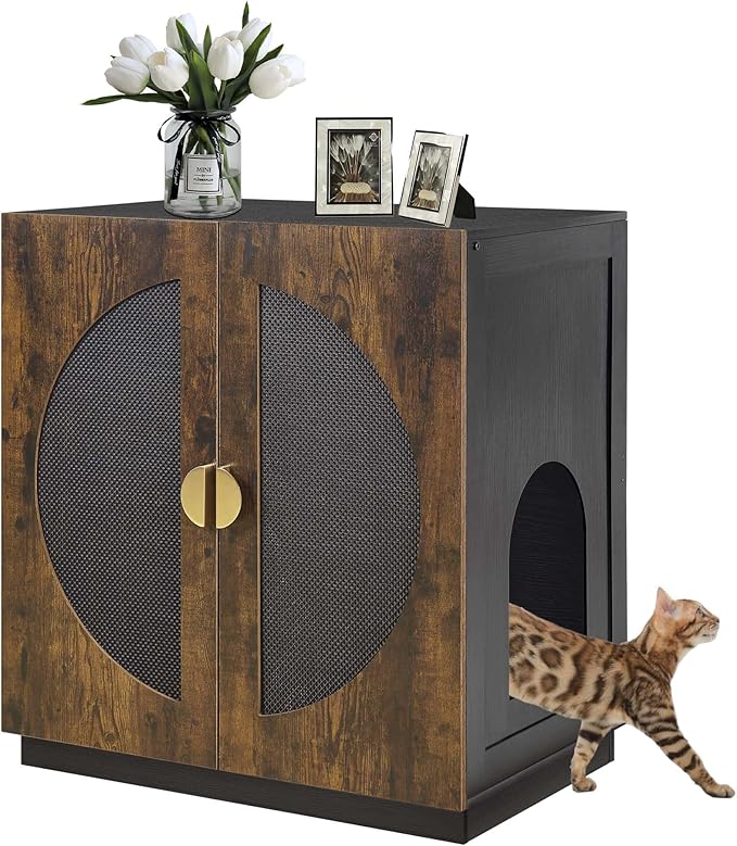 unipaws Tall Cat Litter Box Enclosure with Shelves, Hidden Litter Box Cover for Tall or Top Entry Litter Box, Kitty Enclosed Litter Box Cabinet, Cat Box Furniture, Rustic