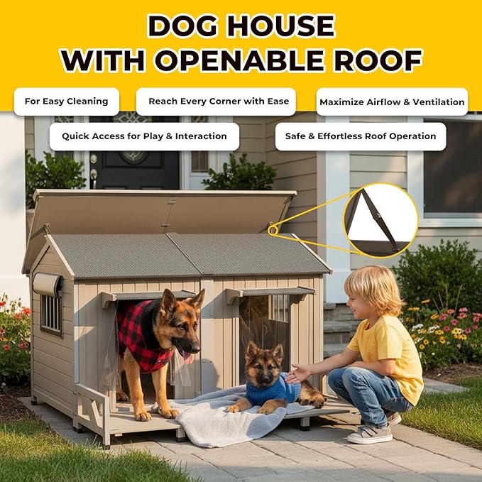 59" Large Dog House for 2 Dogs XL Wooden Dogs House Outdoor with Weatherproof Openable Roof, Window, All-Around Iron Frame, Removable Floor, Large Balcony
