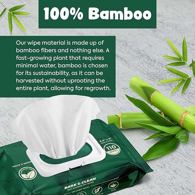 Bark & Clean Dog Wipes for Cleaning and Deodorizing - 2 Pack of 110 8.5" x 9" Bamboo Pet Wipes - Compostable, Hypoallergenic Puppy Wipes - Dog Wipes for Paws, Butt, and Body