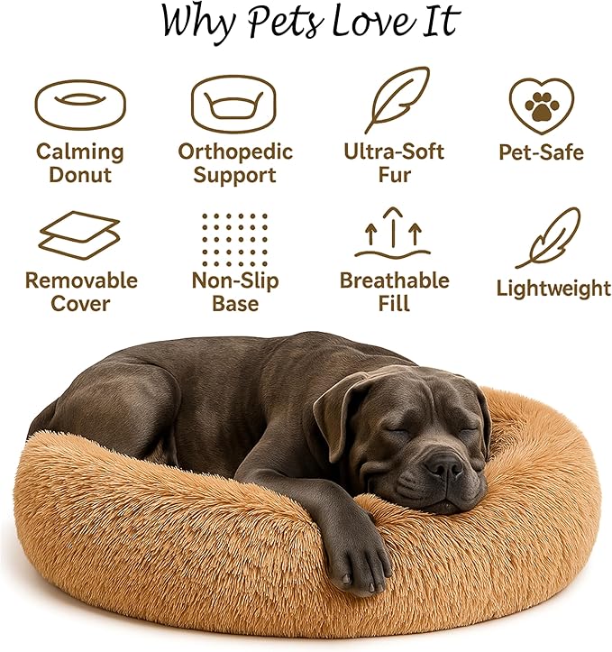 Calming Dog Bed - Fluffy Donut Cuddler for Anxiety Relief, Orthopedic Pet Bed with Non-Slip Bottom, Cozy Round Faux Fur Nest for Dogs and Cats, Plush Crate Mat for Comfort (Camel, X-Large)