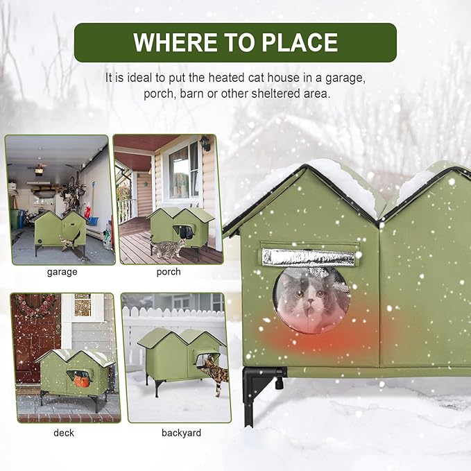 Large Heated Cat House for Outside in Winter, Elevated Waterproof Cat House for Outdoor Cats with Heating Pad, Insulated Heated Outdoor Cat House Weatherproof for Stray Cats Small Dogs (Green)