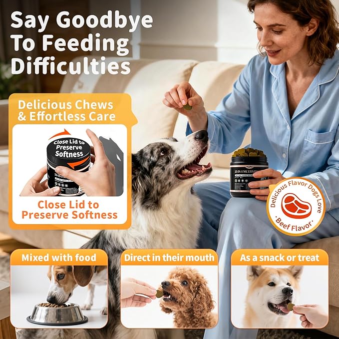 25-in-1 Dog Multivitamin Chews – All-in-One Daily Vitamins & Supplements for Dogs, Joint Support with Glucosamine MSM, Omega-3 Skin & Coat, Gut, Heart & Brain, All Breeds & Ages, Beef, 90Ct