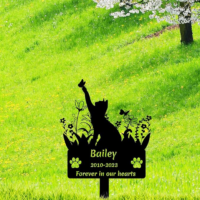 Personalized Cat Grave Marker for Cemetery, Custom Pet Cat Memorial Garden Stake Metal Grave Plaque Cat Memorial Gifts, Customized Flowers Butterfly Cat Memorial Stake Grave Marker with Paw