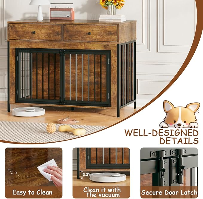 PUKAMI 44inch Large Dog Crate Furniture with Drawers, Wooden Dog Kennel Furniture for Indoor use, Brown End Table Dog House, for Small/Medium/Large Dog, 2-Pack Set