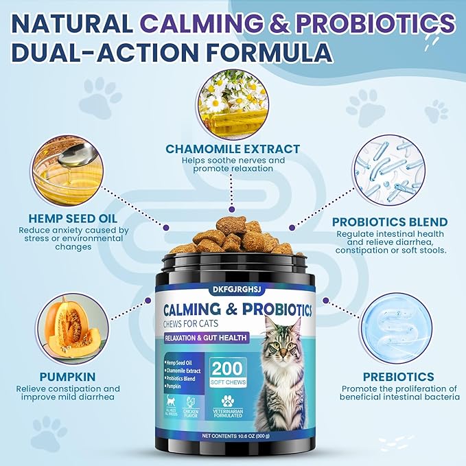 Cat Calming Treats, 200 Soft Chews Hemp Calming for Cats Gut Health with Probiotics, Calm Cat Treats for Anxiety and Stress Relief & Probiotic for Cats Digestive Health Chicken Flavor