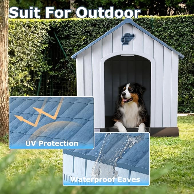 LEMBERI Large Plastic Dog House for Medium Large Dogs, Durable Waterproof Indoor Outdoor Doghouse with Air Vents and Elevated Floor, Easy to Assemble (Light Blue, 40.7" L x 37.2" W x 40" H)