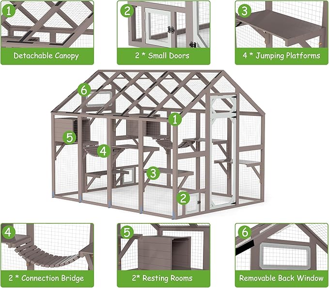 PetsCosset 71" H Catio Outdoor Cat Enclosure Large Wooden Walk in Cats House Outside Weatherproof Roof,Attached to House's Window,Cat's Door and Tunnel (94.4: Large Catio-P12N)