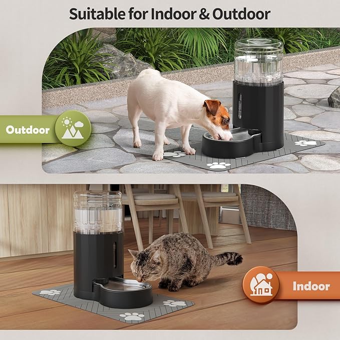 Cat Water Dispenser with Placemat and Stainless Steel Bowl, Automatic Gravity Water Dispenser for Cats or Small Medium Size Dogs, Large Capacity, Easy to Clean and Safe for Pets (4L Black)
