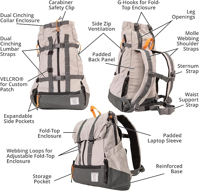 K9 Sport Sack Urban 3 - X-Small, Concrete - Ideal for Dogs with 9-12” Back Length - Dual-Use, Backpack-Style Carrier + Everyday Pack