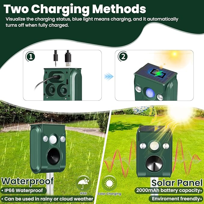 Cat Repellent Outdoor, Solar Ultrasonic Animal Repeller with Motion Sensor Waterproof Deer Repellent Devices Skunk Raccoon Squirrel Dog Cat Deterrent Outdoor for Garden Yard