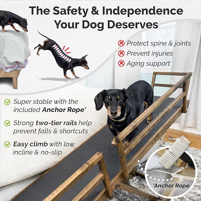 DoggoRamps Bed Ramp for Small Dogs - Solid Hardwood - Adjustable up to 37" Tall Beds with Safety Rails & Anti-Slip Grip - Made in North America Walnut
