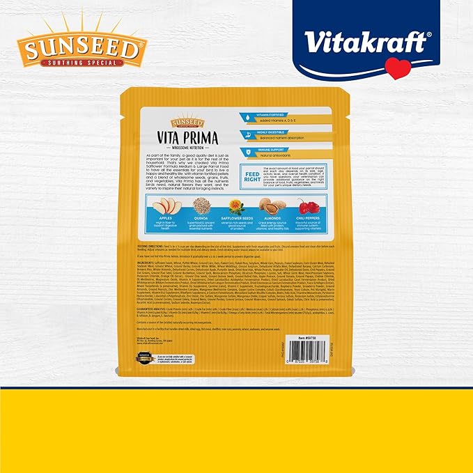 Vitakraft Sunseed Vita Prima Safflower Formula Parrot Food for Medium and Large Birds 4 lb. Bag with Seeds Grains Fruits and Veggies for Wholesome Daily Nutrition Your Parrot is Family