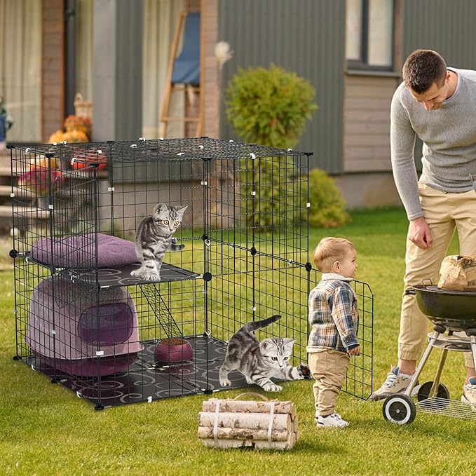 2 Tier Cat Cage, Indoor Cat Enclosures, DIY Cat Playpen Detachable Metal Wire Kennels Cats Crate Kitten House with Climbing Ladders 2 Doors Large Exercise Place for 1-3 Cats/Kitten, 28"x28"x28"