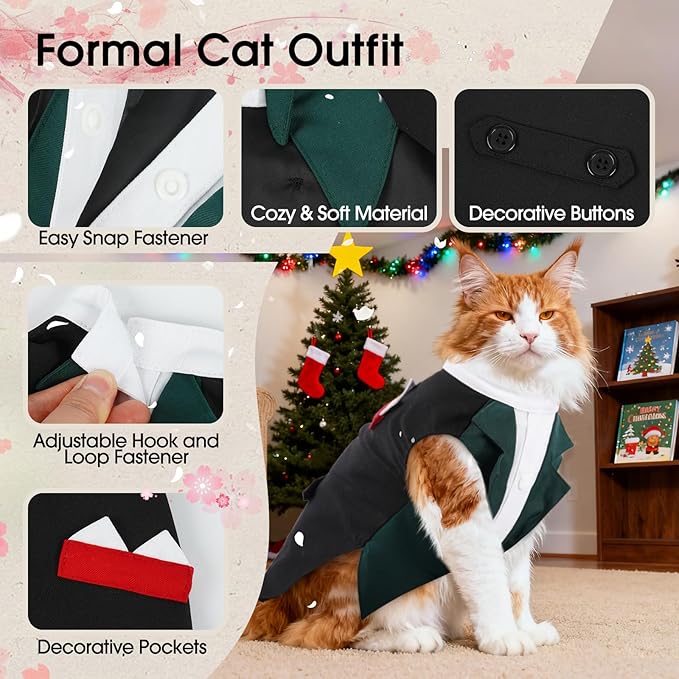DENTRUN Cat Tuxedo Outfit Formal Suit with Shirt, Fancy Pet Tuxedo Vest for Hairless & Furry Cats, Kitten Wedding Attire Birthday Party Costume Clothes for Cats Only, XS-XXL