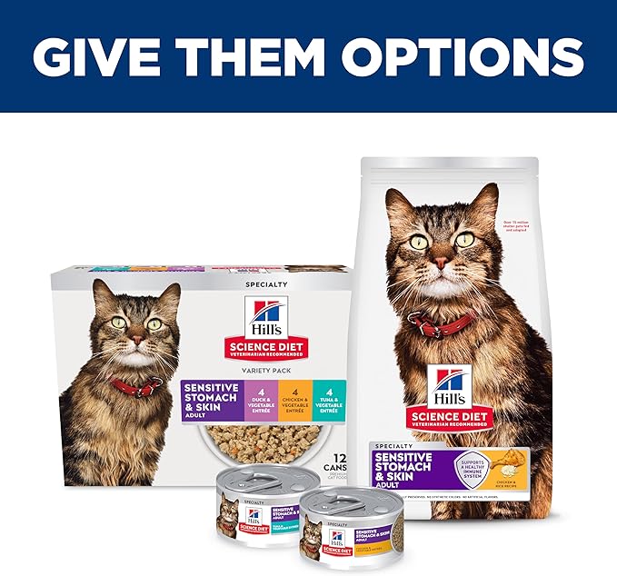 Hill's Science Diet Adult 1-6 Sensitive Stomach & Sensitive Skin Wet Cat Food, Variety Pack: Chicken, Tuna, & Duck, 2.9 oz. Cans, 12-Pack