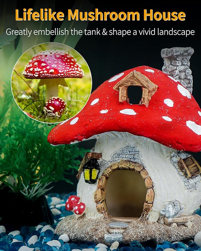 Uniclife Aquarium Mushroom House, Resin Fish Tank Decoration Cottage Ornament for Fish Tank Landscape Aquarium Hideout Hideaway Spawning Cave Decor for Shrimp Betta Goldfish and Reptiles