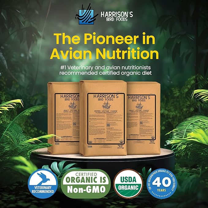 Harrison's Bird Foods Pepper Lifetime Coarse Certified Organic Non-GMO, Daily Pet Bird Food for Medium & Large Birds- Spicy Maintenance Formula for Parrots, Pinous, Eclectus, Macaws etc, 11.3kg / 25lb