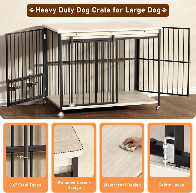 Dog Crate Furniture, 47’’ Wooden Dog Kennel Indoor with Sliding Front Door, Multi-Side Openings & Feeding Window Pet Cage House as TV Stand, End Table(Beige)