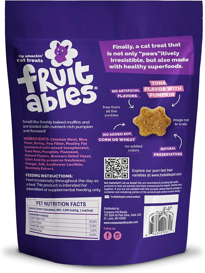 Fruitables Cat Treats - Healthy Low Calorie Crunchy Cat Treats - Packed with Protein, Free of Wheat, Corn and Soy - Made with Real Tuna & Pumpkin - 2.5 oz (5 Pack)