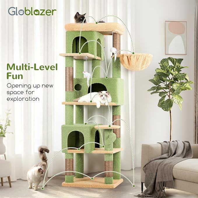 Globlazer Corner Cactus Cat Tree 66 inch Multi-Level Cactus Climbing Tower Kitty Condos Cat Scratching Tower for Indoor Multiple Cats with Large Platform, 3 Cat Caves, F66, Green