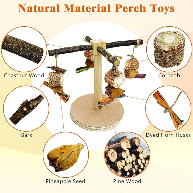 Rotating Bird Perch Stand Toy Natural Wooden Parakeet Toys with Edible Chew Toy Interactive Spinning Toy Bird Cage Accessories for Parakeets Budgies Conures Cockatiels Lovebirds Finches