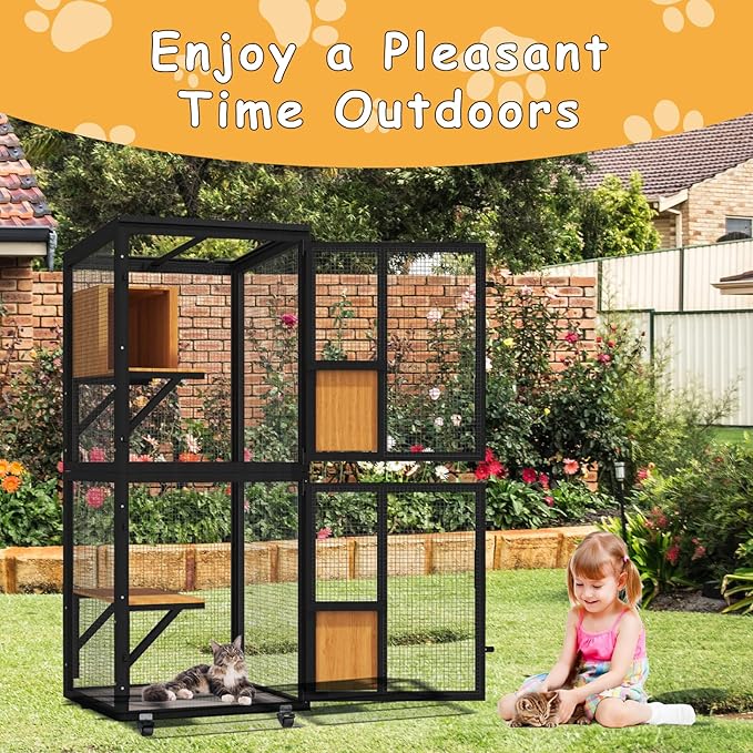 4 Tiers Catio Outdoor Cat Enclosure, Indoor Cats House with 4 Wheels, Cat Enclosure Window Access with Removable Floor, Upgraded Resting Box, Waterproof Roof, Wooden Indoor Pet Cage, Black