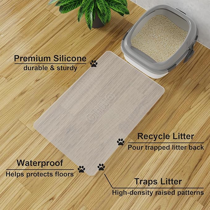 OHMO Cat Litter Mat Large Trapping Mat Premium Silicone Rubber 23.5x16 Semi Clear, Waterproof and BPA Free Kitty Litter Box Mat, Easy to Clean and Keeps The Floor Tidy