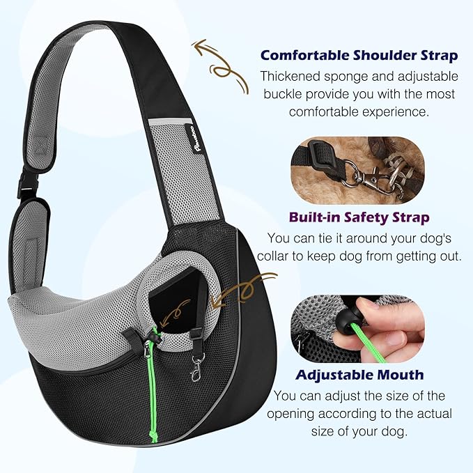 Pawaboo Hand Free Dog Sling Carrier, Breathable Mesh Bag for Pet Puppy Cat, Drawstring Dog Papoose with Adjustable Strap and Pocket, Crossbody Dogs Purse for Travel Outdoor, M, Black