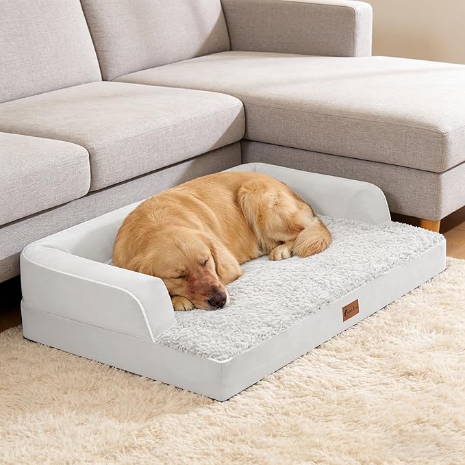 Orthopedic Dog Beds for Extra Large Dogs, Waterproof Egg Crate Foam XL Dog Bed with Sides 41x27Inch, Washable Big Dogs Couch Beds with Removable Cover and Nonskid Bottom, Grey White
