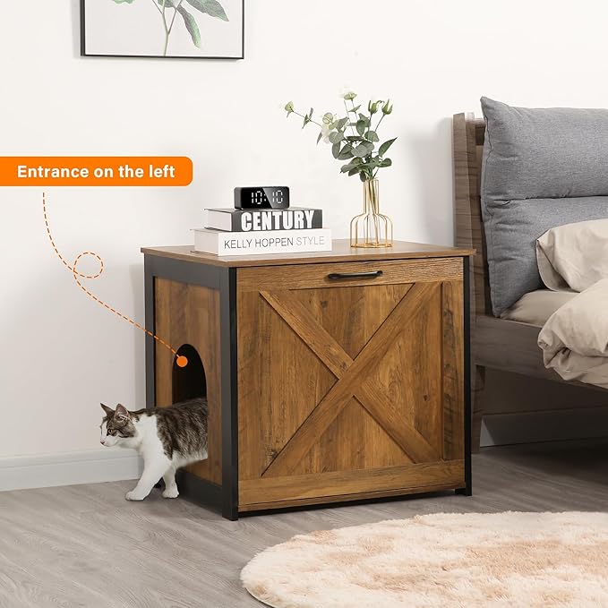 Dwanton Cat Litter Box Furniture Hidden, Cat Litter Box Enclosure, Reversible Entrance Can Be on Left or Right Side, Indoor Cabinet, Wooden Washroom, End Table, Nightstand, Warm Brown, 23.6" L