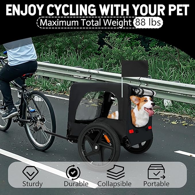 Collapsible Pet Bike Trailer, Portable Dog Bicycle Trailer with Enhanced Safety Design, Weatherproof & Ventilated Pet Carrier for Small to Medium Pets Up to 66 lbs (Black)