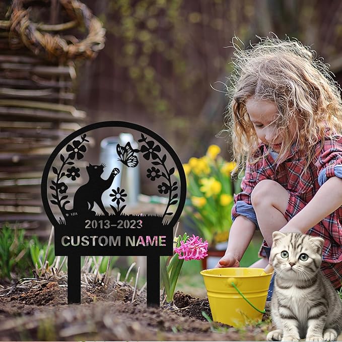 Custom Cat Grave Marker Outdoor, Personalized Metal Cat Memorial Grave Stake with Name and Date, Outdoor Waterrproof Cats Memorial Plaque