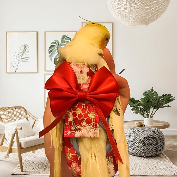 2 Pcs Bird Diapers Bird Harness Flight Suits Diapers with 80in Flying Leash Reusable Parrot Nappy with Waterproof Inner Layer for Cockatiel Budgie Conure Parakeet Lovebird-Red&Purple Sakura