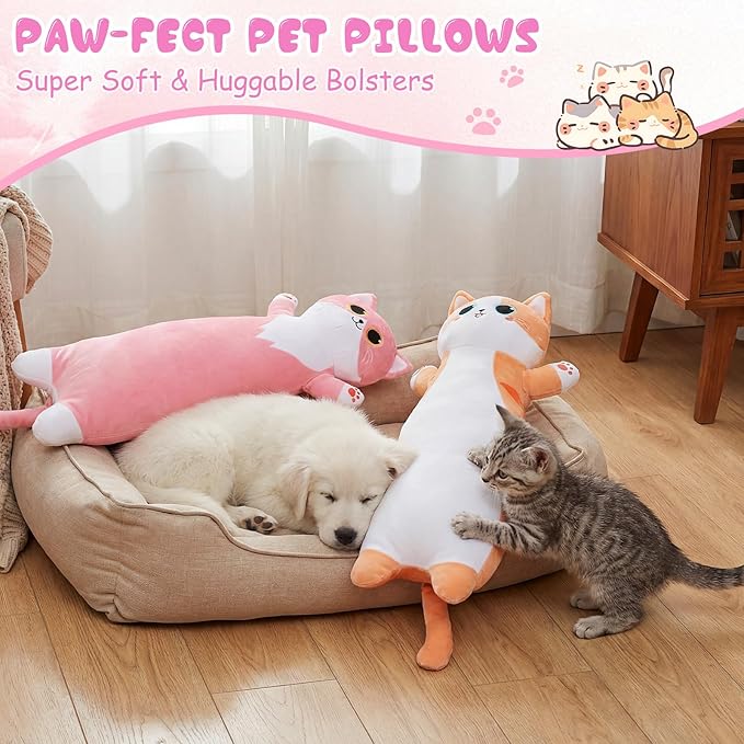 2 Pcs Large Kitty Shaped Pillows for Dogs and Cats Pet Plush Gifts Long Body Stuffed Animal Sleeping Pillows for Medium Large Sized(Minimalist,Orange,Pink)