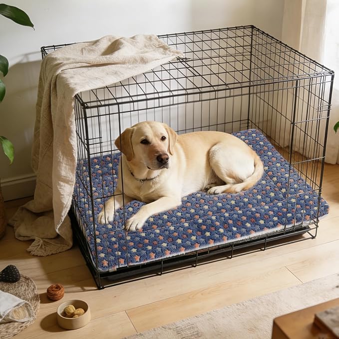 Mora Pets Dog Bed Crate Pad Ultra Soft Pet Bed with Cute Star Print Washable Crate Mat for Large Medium Small Dogs Reversible Fleece Dog Crate Kennel Mat Cat Bed Liner 35 x 22.8 inch Dark Blue