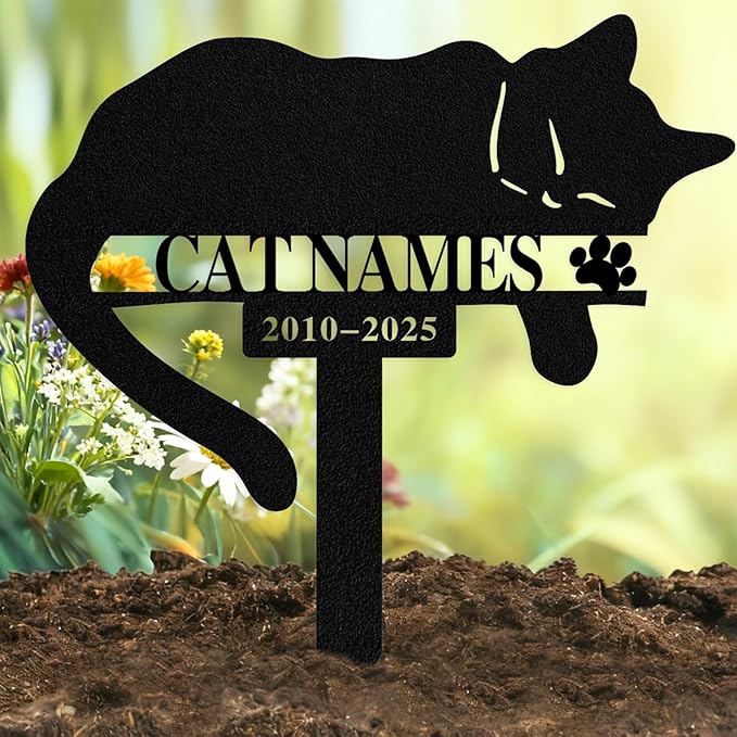 Custom Sleeping Cat Grave Marker Outdoor, Personalized Metal Cat Memorial Grave Stake with Name and Date, Outdoor Waterrproof Cats Memorial Plaque