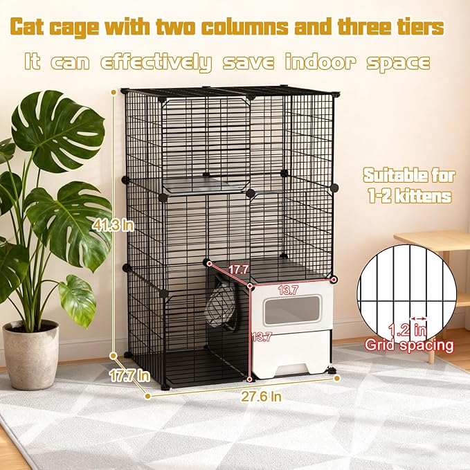 Cat Cage Indoor with Litter Box 3-Tier DIY Cat Crate Detachable Metal Wire Kennel Crate Large Exercise Place Ideal for Kitten