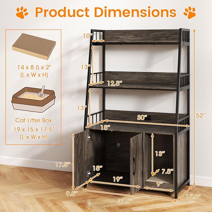 PETSITE Cat Litter Box Enclosure with Storage Shelves, 52 Inches Tall Hidden Litter Box with Charging Station, Scratching Board, and Winding Entry (Grey)
